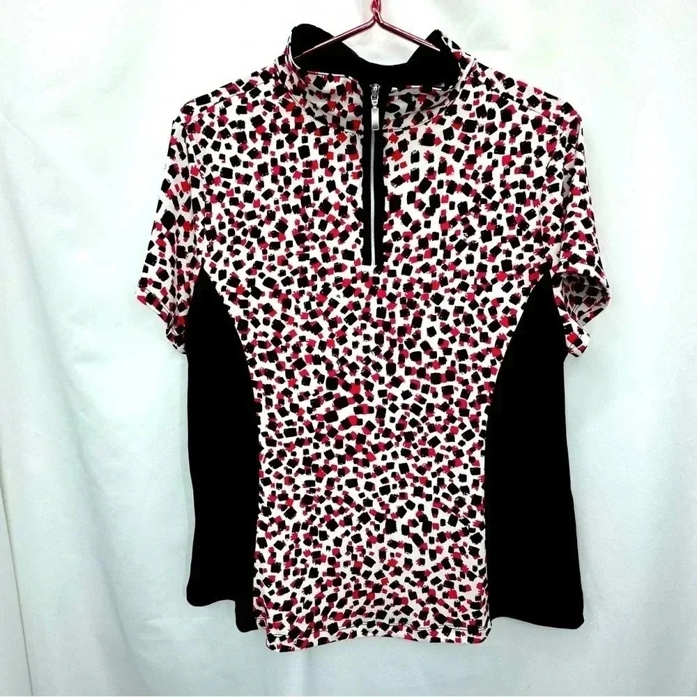 Weekends by Chico's Half Zip Top Women Size 2 Pink Black Abstract Short Sleeve